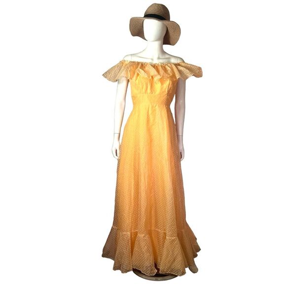 Vintage Dresses & Skirts - Vtg 1960s Orange Polka Dot Chiffon Ruffle Maxi Prairie Dress sz 10‎